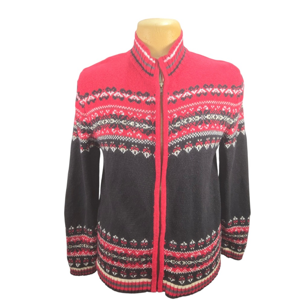 Heirloom Collectibles Cardigan Sweater Womens XL Red Black Fair Isle Nordic‎ Zip